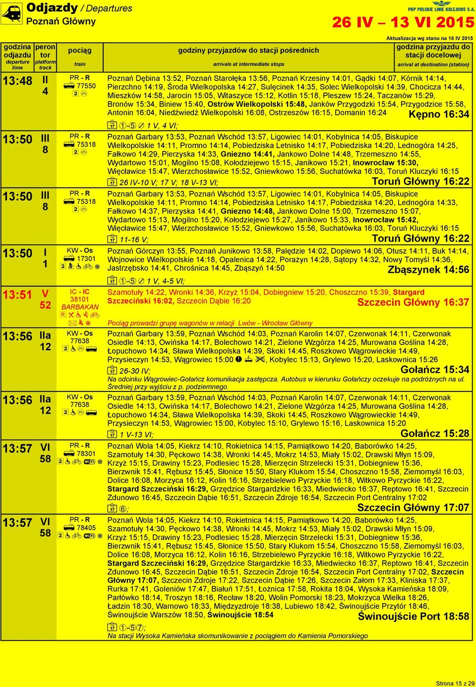 Jarocin 5:05, Witaszyce 5:, Kotlin 5:, Pleszew 5:, Taczanów 5:9, Bronów 5:3, Biniew 5:0, Ostrów Wielkopolski 5:, Janków Przygodzki 5:5, Przygodzice 5:5, Antonin :0, Niedźwiedź Wielkopolski :0,