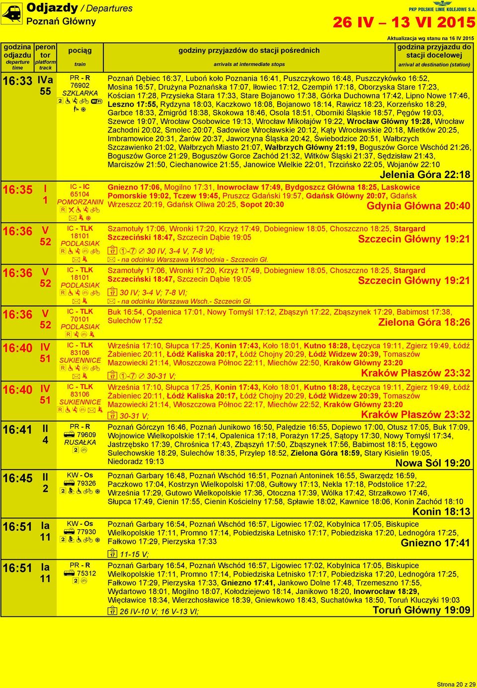 Puszczykówko :5, Mosina :57, Drużyna Poznańska 7:07, Iłowiec 7:, Czempiń 7:, Oborzyska Stare 7:3, Kościan 7:, Przysieka Stara 7:33, Stare Bojanowo 7:3, Górka Duchowna 7:, Lipno Nowe 7:, Leszno 7:55,