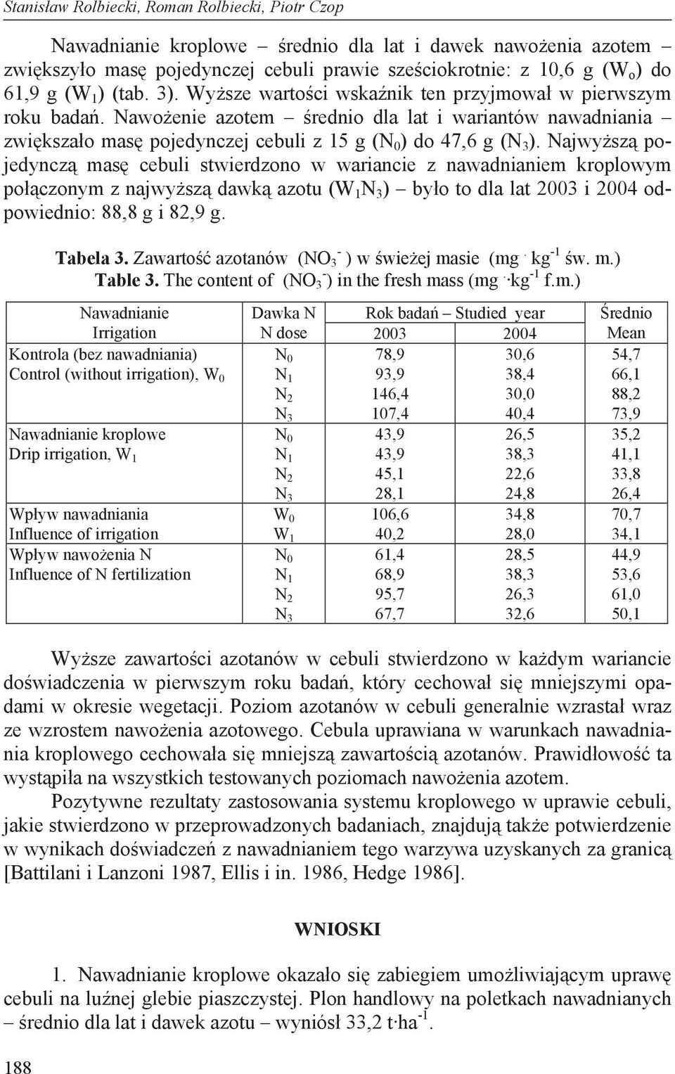 Najwy sz pojedyncz mas cebuli stwierdzono w wariancie z nawadnianiem kroplowym po czonym z najwy sz dawk azotu (W 1 ) by o to dla lat 2003 i 2004 odpowiednio: 88,8 g i 82,9 g. Tabela 3.