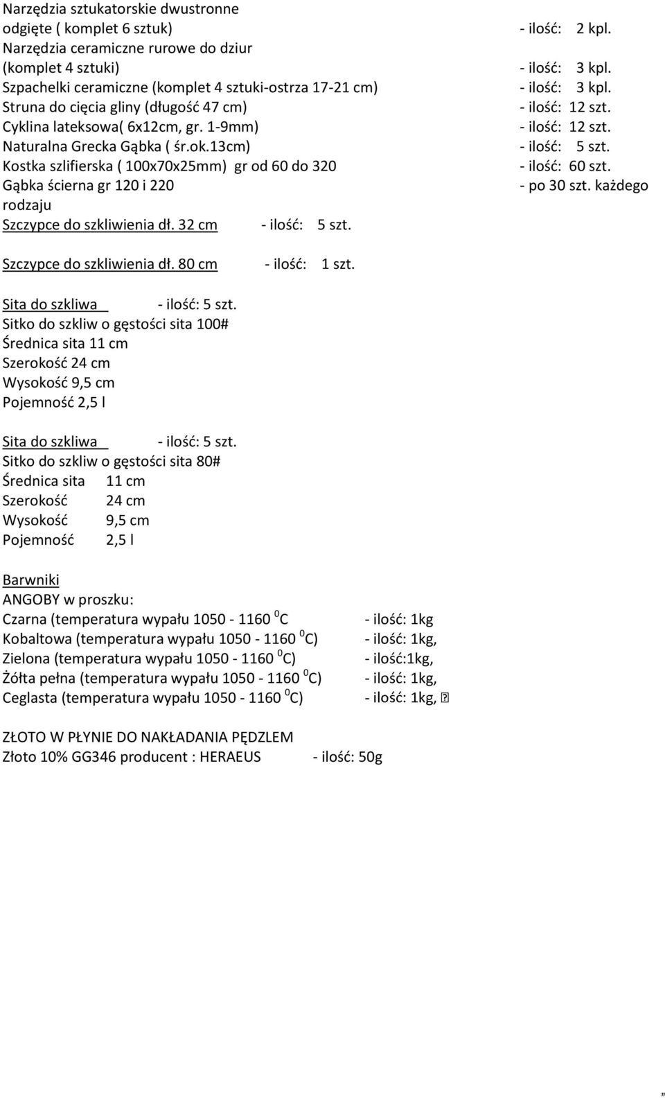 13cm) Kostka szlifierska ( 100x70x25mm) gr od 60 do 320 Gąbka ścierna gr 120 i 220 rodzaju Szczypce do szkliwienia dł. 32 cm - ilośd: 5 szt. - ilośd: 2 kpl. - ilośd: 12 szt. - ilośd: 12 szt. - ilośd: 5 szt. - ilośd: 60 szt.