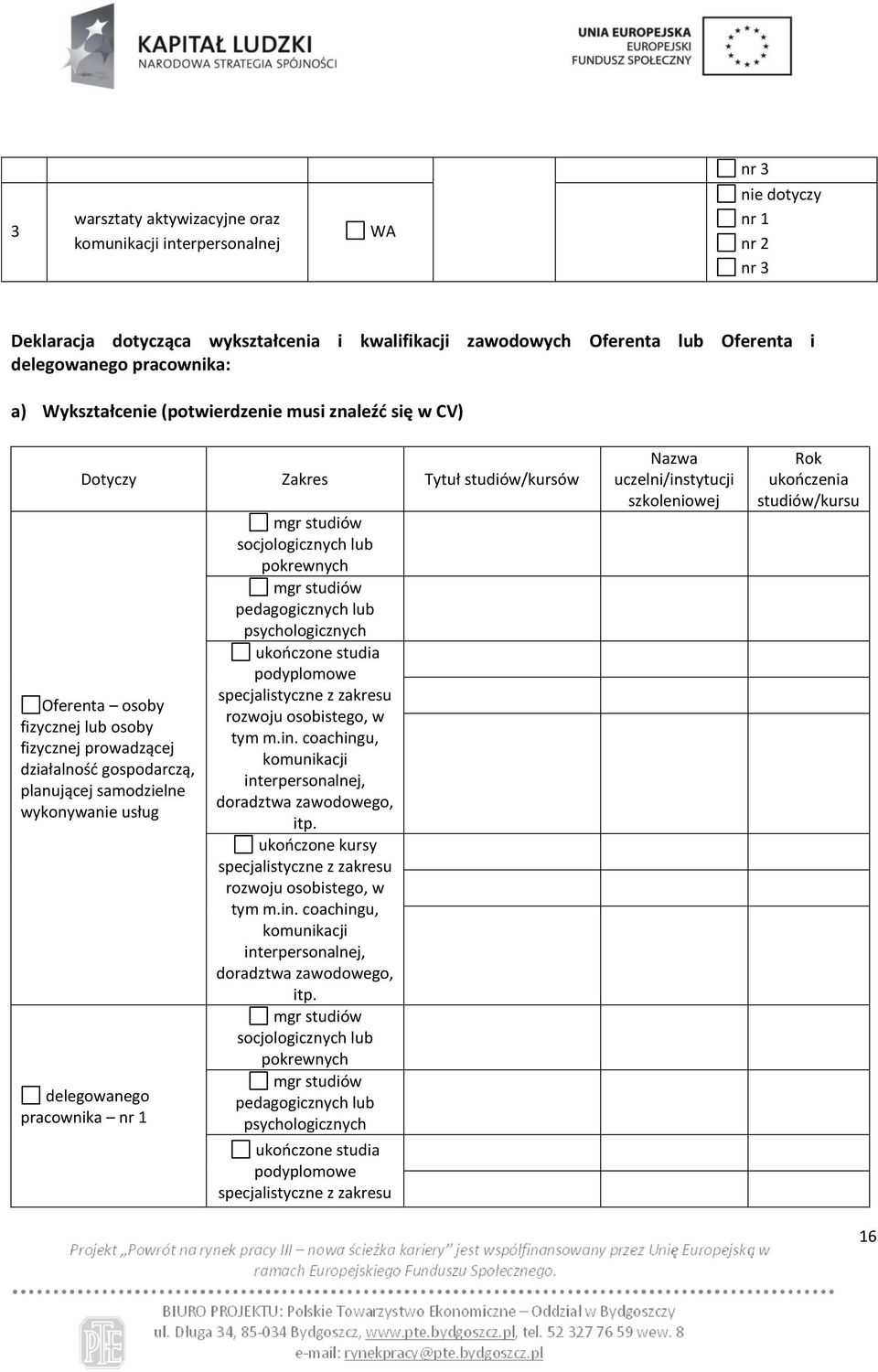 samodzielne wykonywanie usług delegowanego pracownika nr 1 mgr studiów socjologicznych lub pokrewnych mgr studiów pedagogicznych lub psychologicznych ukończone studia podyplomowe specjalistyczne z