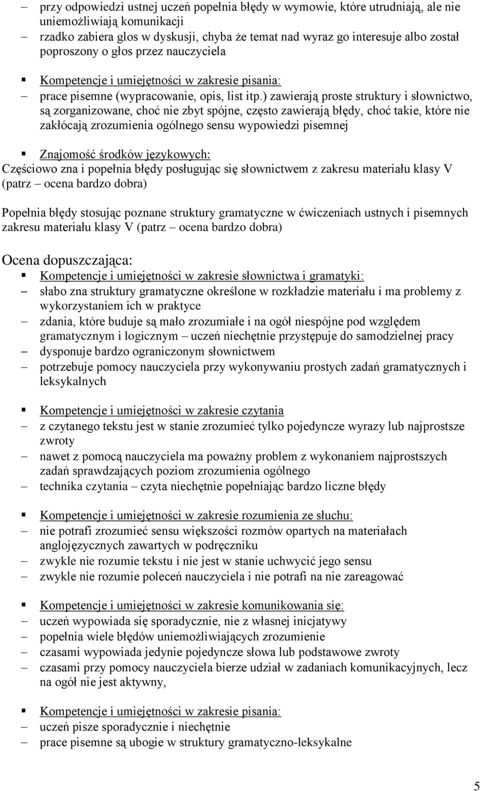 ) zawierają proste struktury i słownictwo, są zorganizowane, choć nie zbyt spójne, często zawierają błędy, choć takie, które nie zakłócają zrozumienia ogólnego sensu wypowiedzi pisemnej Znajomość