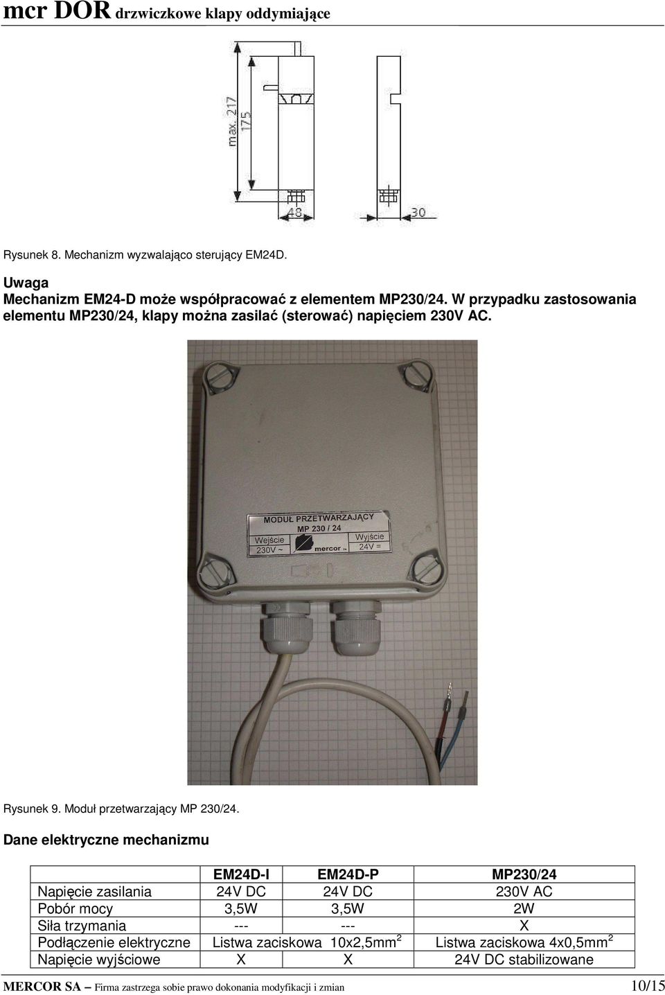 Dane elektryczne mechanizmu EM24D-I EM24D-P MP230/24 Napięcie zasilania 24V DC 24V DC 230V AC Pobór mocy 3,5W 3,5W 2W Siła trzymania --- --- X