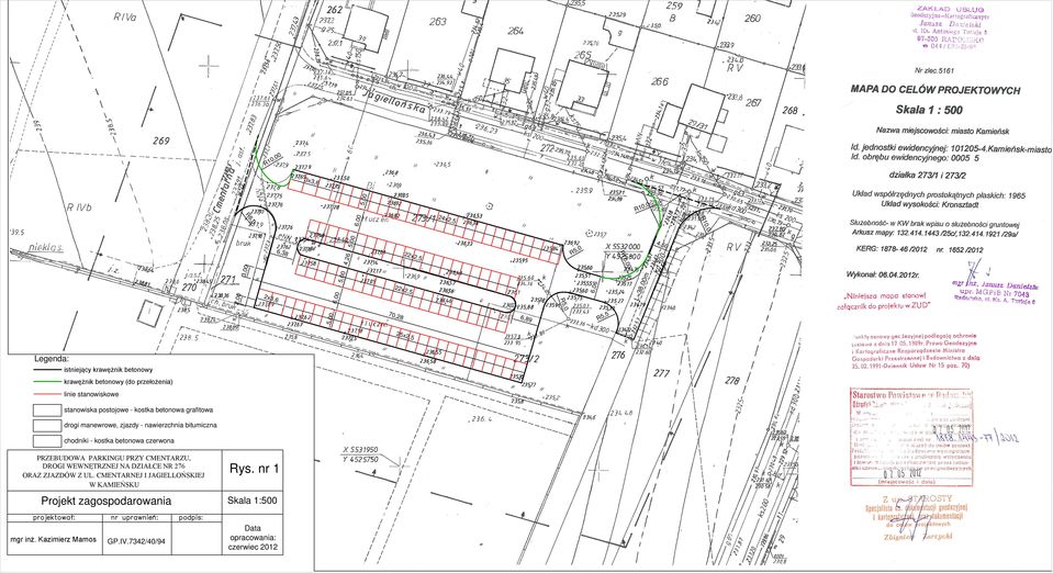 betonowa czerwona PRZEBUDOWA PARKINGU PRZY CMENTARZU, Rys. nr 1 Projekt zagospodarowania GP.IV.