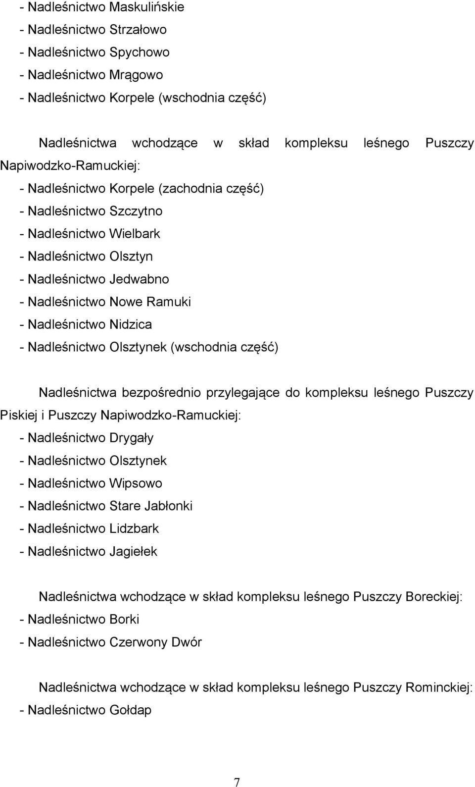 Nidzica - Nadleśnictwo Olsztynek (wschodnia część) Nadleśnictwa bezpośrednio przylegające do kompleksu leśnego Puszczy Piskiej i Puszczy Napiwodzko-Ramuckiej: - Nadleśnictwo Drygały - Nadleśnictwo