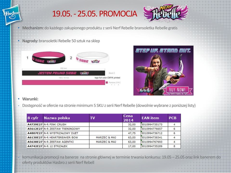 PROMOCJA Mechanizm: do każdego zakupionego produktu z serii Nerf Rebelle bransoletka Rebelle gratis