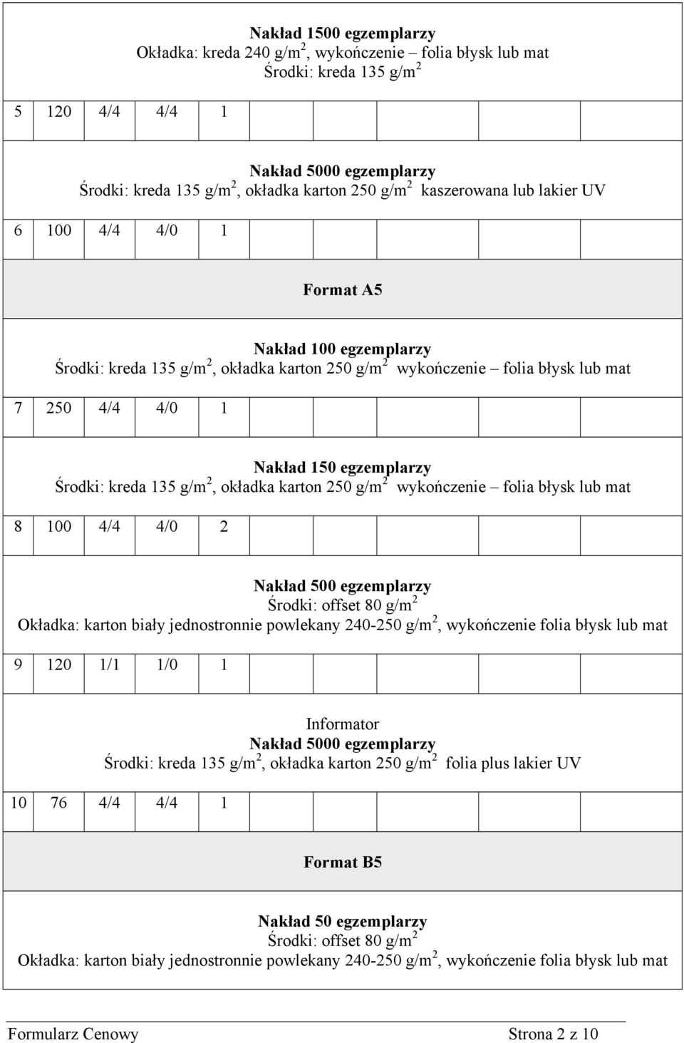 250 4/4 4/0 1 Nakład 150 egzemplarzy Środki: kreda 135 g/m 2, okładka karton 250 g/m 2 wykończenie folia błysk lub mat 8 100 4/4 4/0 2 Nakład 500 egzemplarzy 9 120 1/1 1/0 1