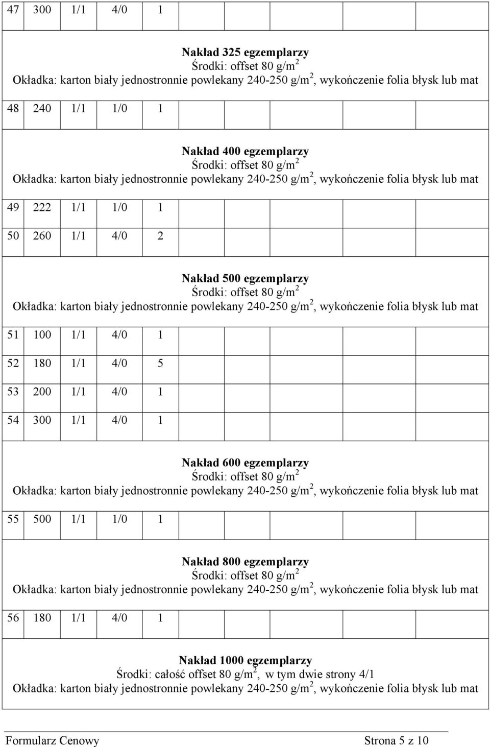 1/1 4/0 1 Nakład 600 egzemplarzy 55 500 1/1 1/0 1 Nakład 800 egzemplarzy 56 180 1/1 4/0 1 Nakład