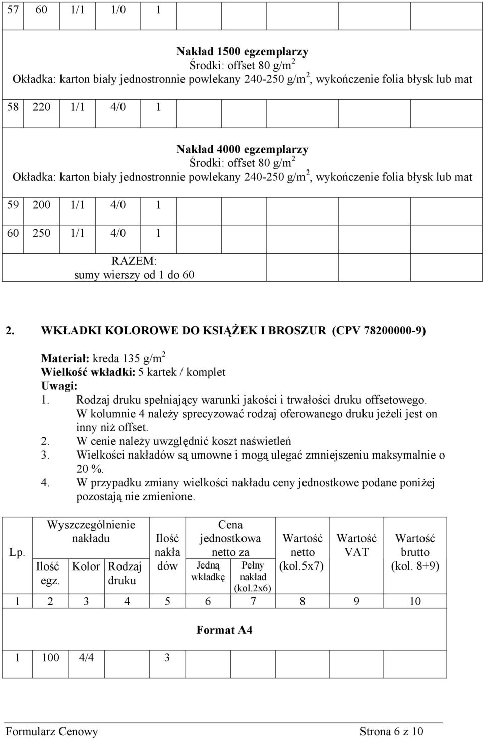 Rodzaj druku spełniający warunki jakości i trwałości druku offsetowego. W kolumnie 4 należy sprecyzować rodzaj oferowanego druku jeżeli jest on inny niż offset. 2.