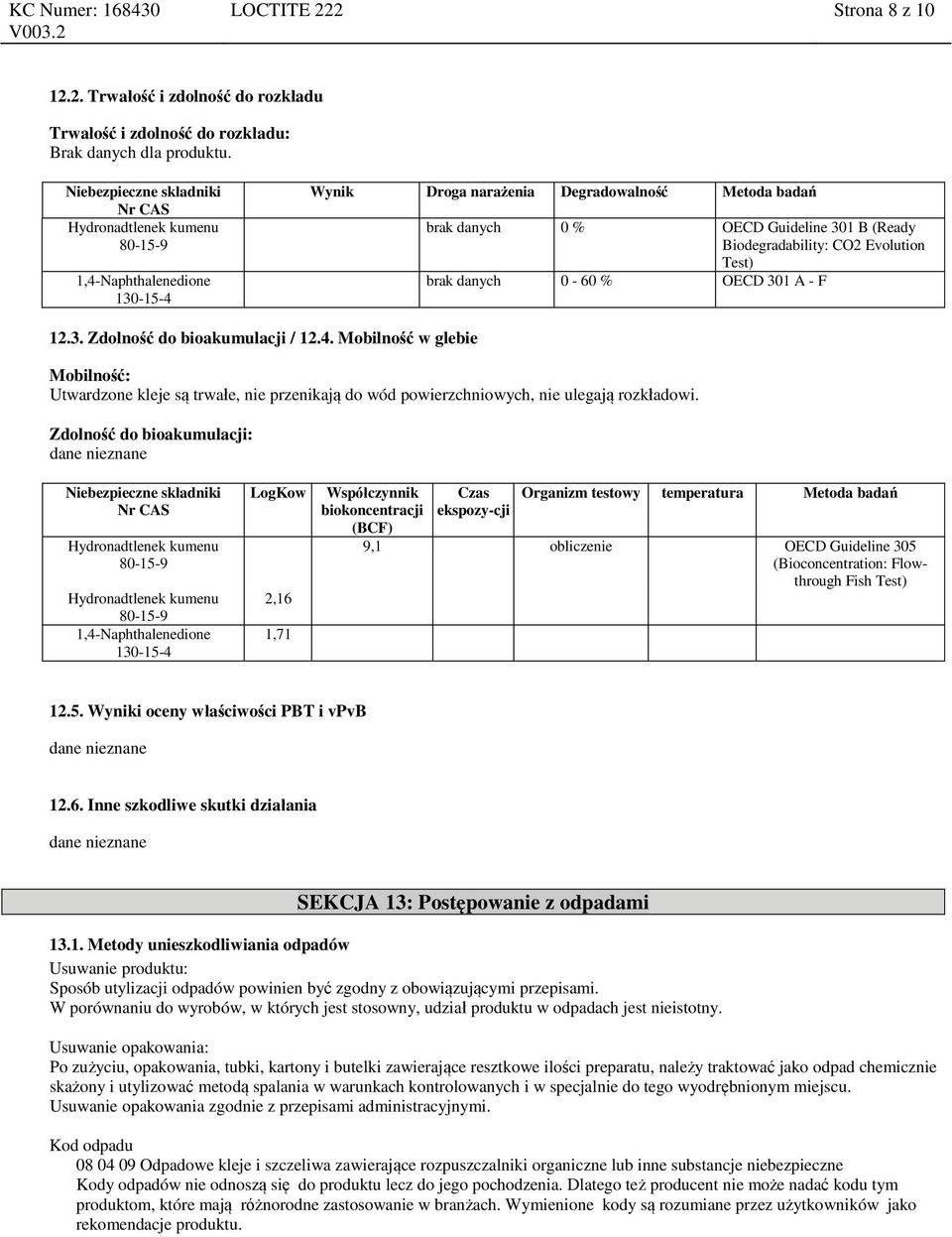 3. Zdolność do bioakumulacji / 12.4. Mobilność w glebie Mobilność: Utwardzone kleje są trwałe, nie przenikają do wód powierzchniowych, nie ulegają rozkładowi.
