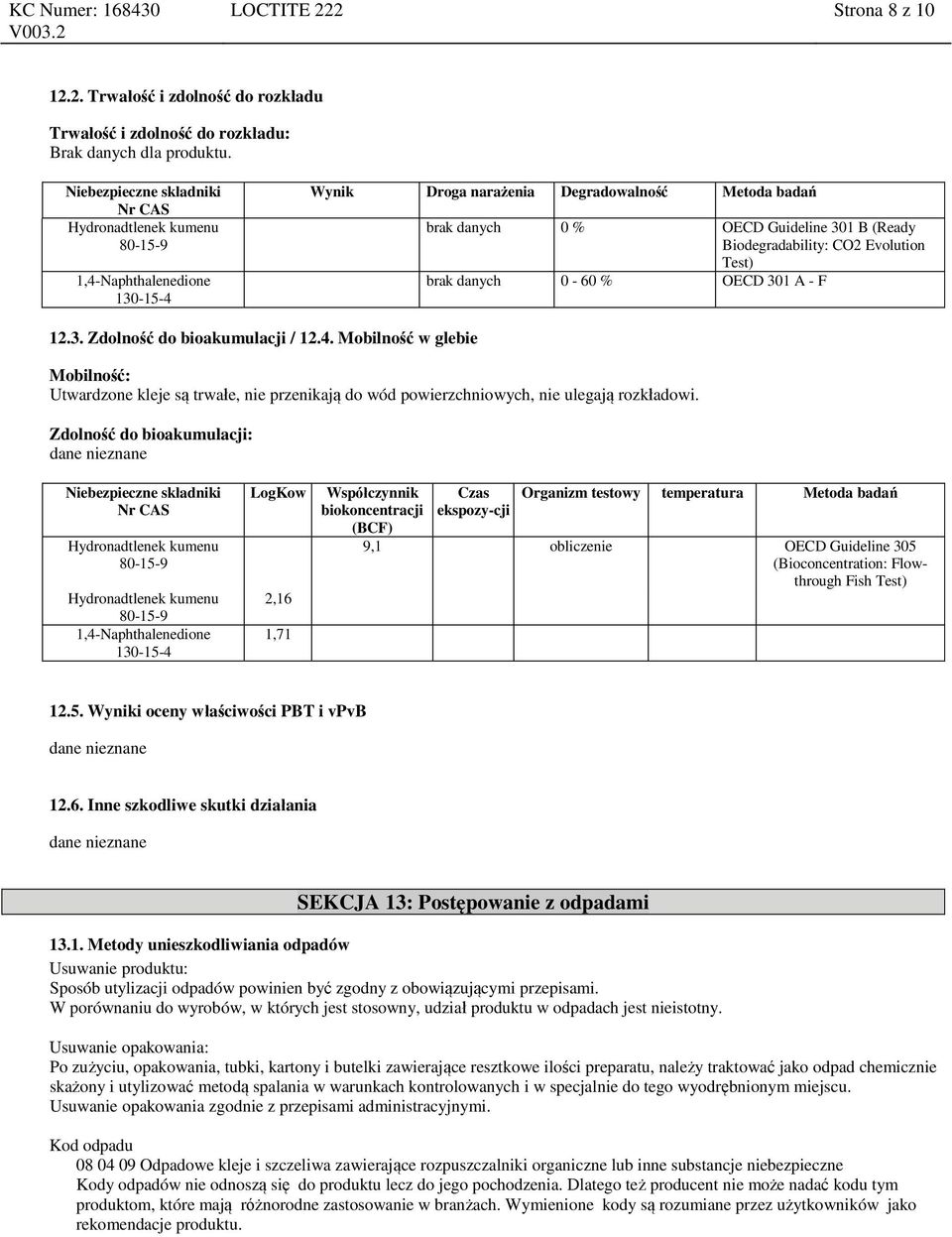 3. Zdolność do bioakumulacji / 12.4. Mobilność w glebie Mobilność: Utwardzone kleje są trwałe, nie przenikają do wód powierzchniowych, nie ulegają rozkładowi.