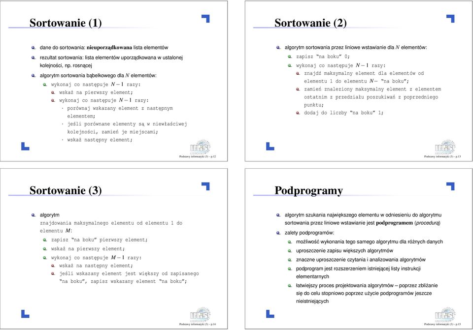 miejscami; wskaż następny element; algorytm sortowania przez liniowe wstawianie dla N elementów: zapisz na boku 0; znajdź maksymalny element dla elementów od elementu 1 do elementu N na boku ; zamień