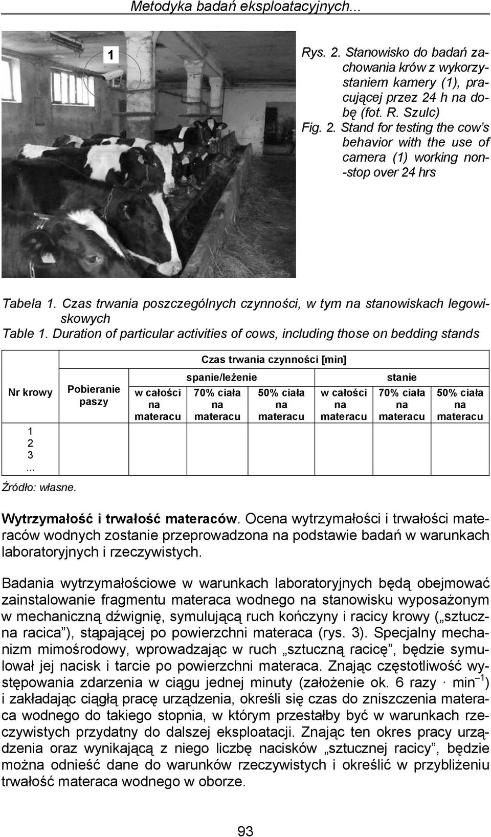 Duration of particular activities of cows, including those on bedding stands Czas trwania czynności [min] Nr krowy 1 2 3.