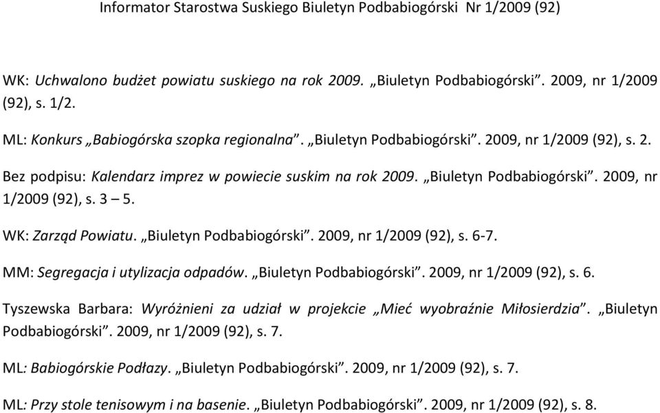 Biuletyn Podbabiogórski. 2009, nr 1/2009 (92), s. 6-7. MM: Segregacja i utylizacja odpadów. Biuletyn Podbabiogórski. 2009, nr 1/2009 (92), s. 6. Tyszewska Barbara: Wyróżnieni za udział w projekcie Mieć wyobraźnie Miłosierdzia.