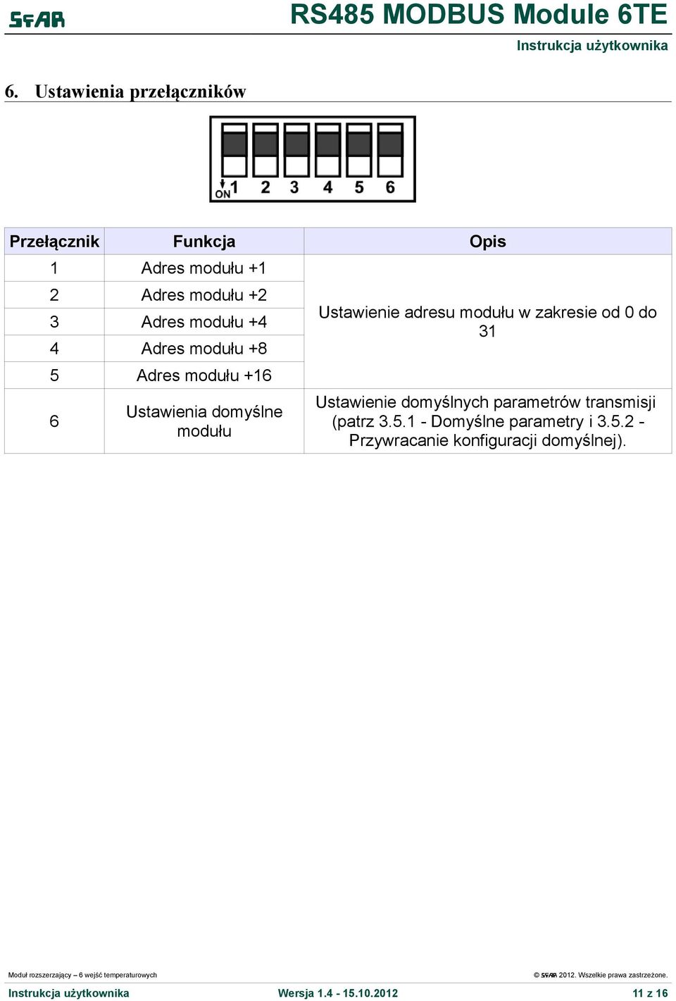 Ustawienie adresu modułu w zakresie od 0 do 31 Ustawienie domyślnych parametrów