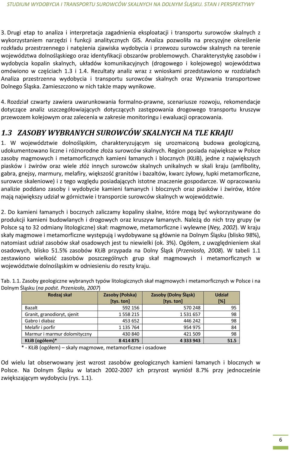 problemowych. Charakterystykę zasobów i wydobycia kopalin skalnych, układów komunikacyjnych (drogowego i kolejowego) województwa omówiono w częściach 1.3 i 1.4.