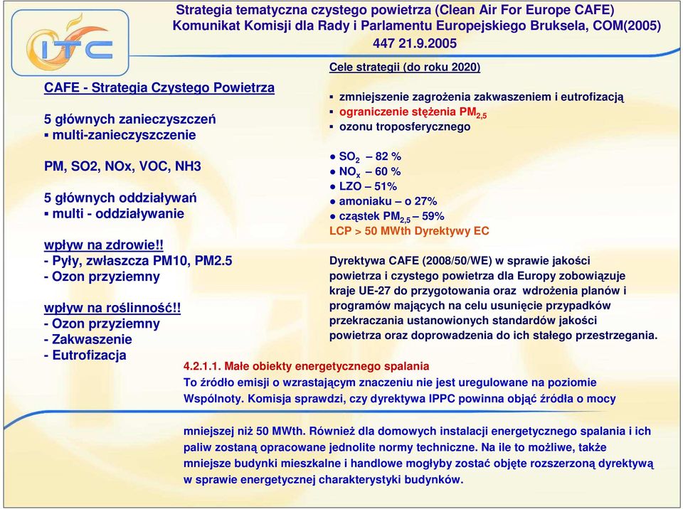 ! - Ozon przyziemny - Zakwaszenie - Eutrofizacja Strategia tematyczna czystego powietrza (Clean Air For Europe CAFE) Komunikat Komisji dla Rady i Parlamentu Europejskiego Bruksela, COM(2005) 447 21.9.