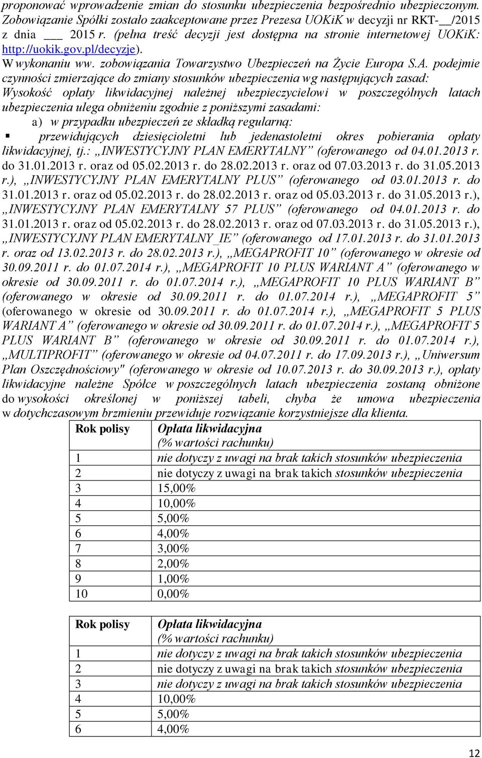 podejmie czynności zmierzające do zmiany stosunków ubezpieczenia wg następujących zasad: Wysokość opłaty likwidacyjnej należnej ubezpieczycielowi w poszczególnych latach ubezpieczenia ulega obniżeniu