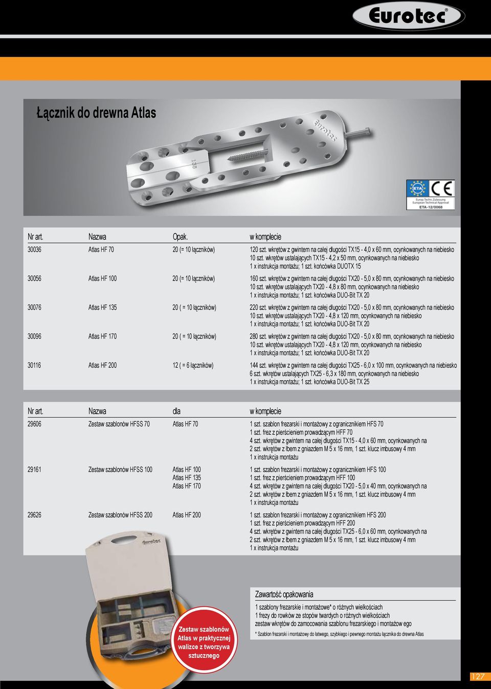 wkrętów z gwintem na całej długości TX20-5,0 x 80 mm, ocynkowanych na niebiesko 10 szt. wkrętów ustalających TX20-4,8 x 80 mm, ocynkowanych na niebiesko ; 1 szt.