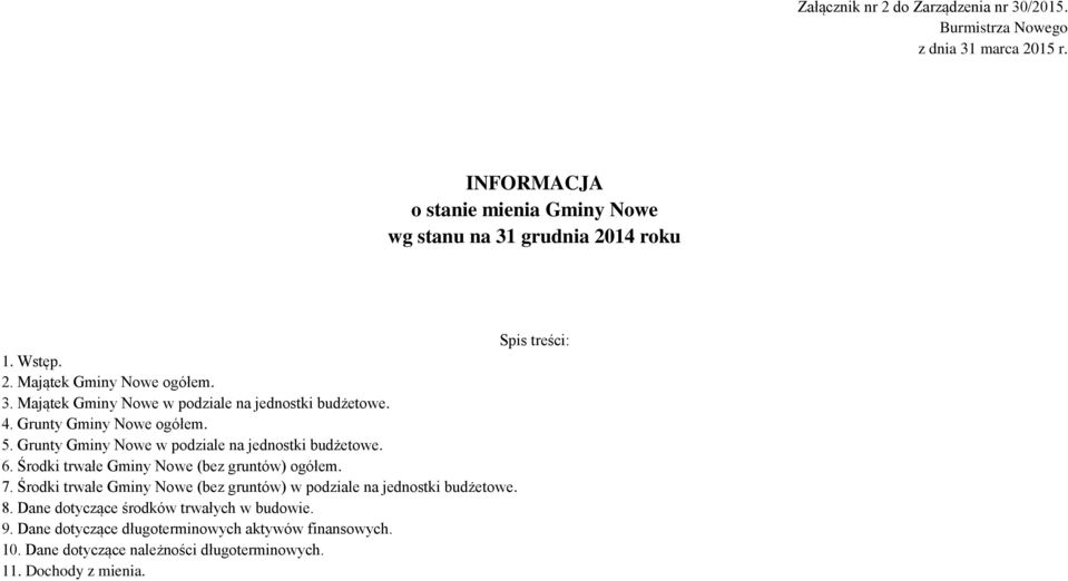 4. Grunty Gminy Nowe ogółem. 5. Grunty Gminy Nowe w podziale na jednostki budżetowe. 6. Środki trwałe Gminy Nowe (bez gruntów) ogółem. 7.