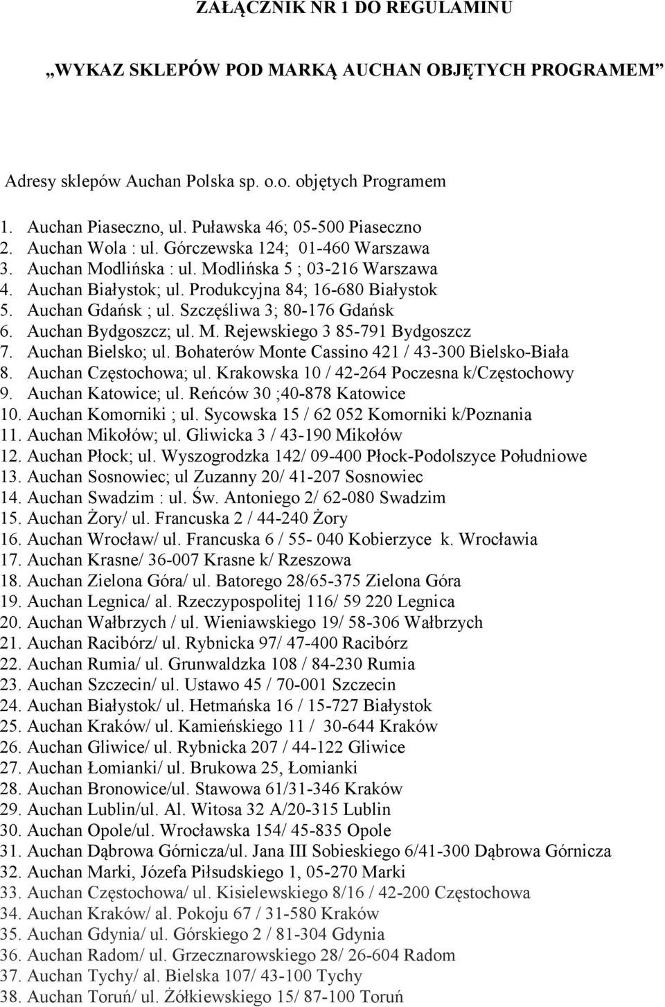 Szczęśliwa 3; 80-176 Gdańsk 6. Auchan Bydgoszcz; ul. M. Rejewskiego 3 85-791 Bydgoszcz 7. Auchan Bielsko; ul. Bohaterów Monte Cassino 421 / 43-300 Bielsko-Biała 8. Auchan Częstochowa; ul.