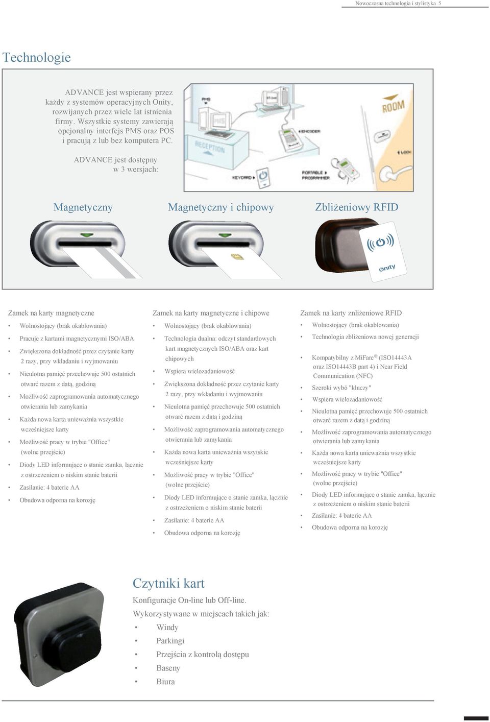 ADVANCE jest dostępny w 3 wersjach: Magnetyczny Magnetyczny i chipowy Zbliżeniowy RFID Zamek na karty magnetyczne Wolnostojący (brak okablowania) Pracuje z kartami magnetycznymi ISO/ABA Zwiększona
