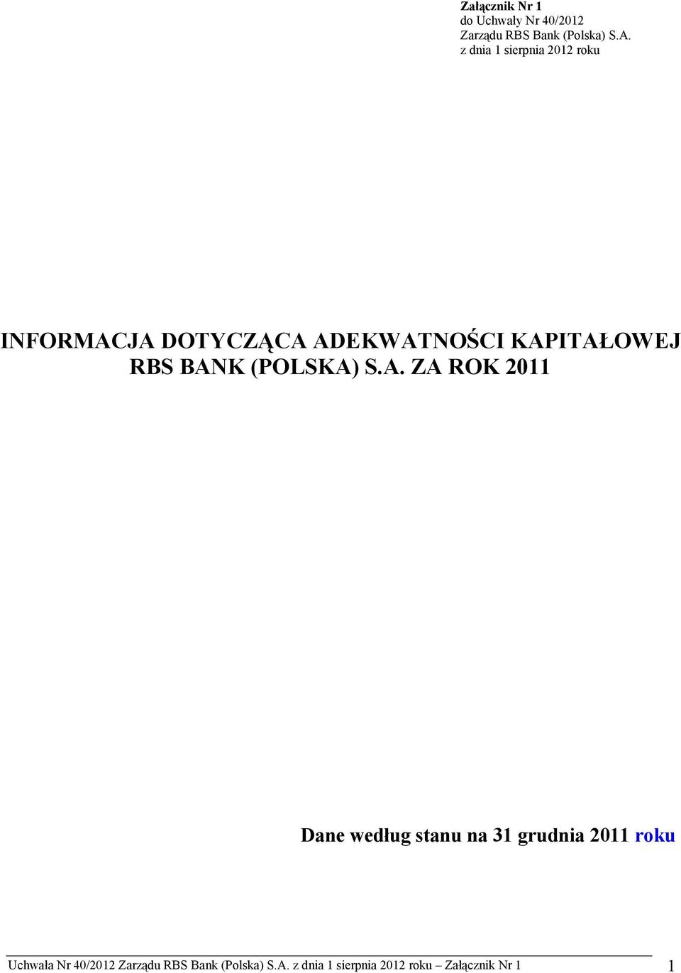 BANK (POLSKA) S.A. ZA ROK 2011 Dane według stanu na 31 grudnia 2011 roku