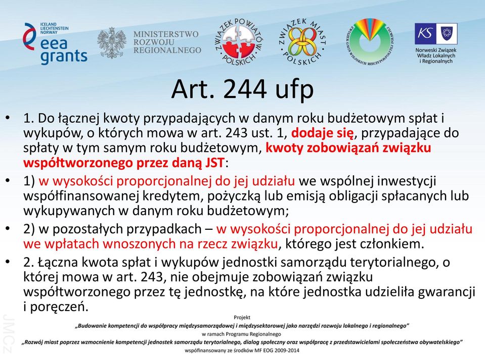 współfinansowanej kredytem, pożyczką lub emisją obligacji spłacanych lub wykupywanych w danym roku budżetowym; 2) w pozostałych przypadkach w wysokości proporcjonalnej do jej udziału we