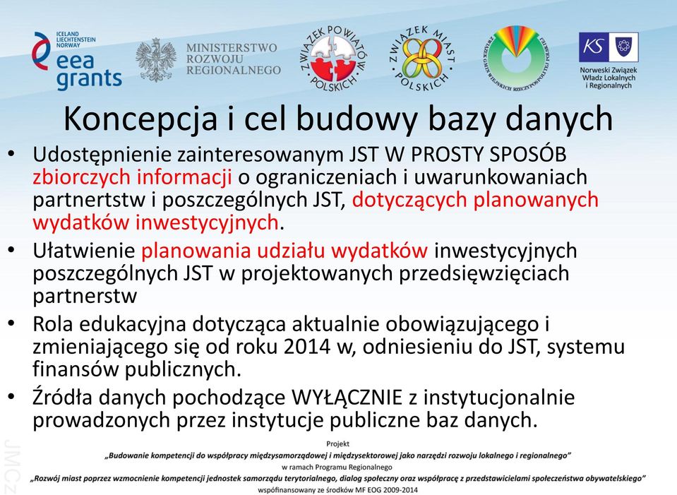 Ułatwienie planowania udziału wydatków inwestycyjnych poszczególnych JST w projektowanych przedsięwzięciach partnerstw Rola edukacyjna dotycząca