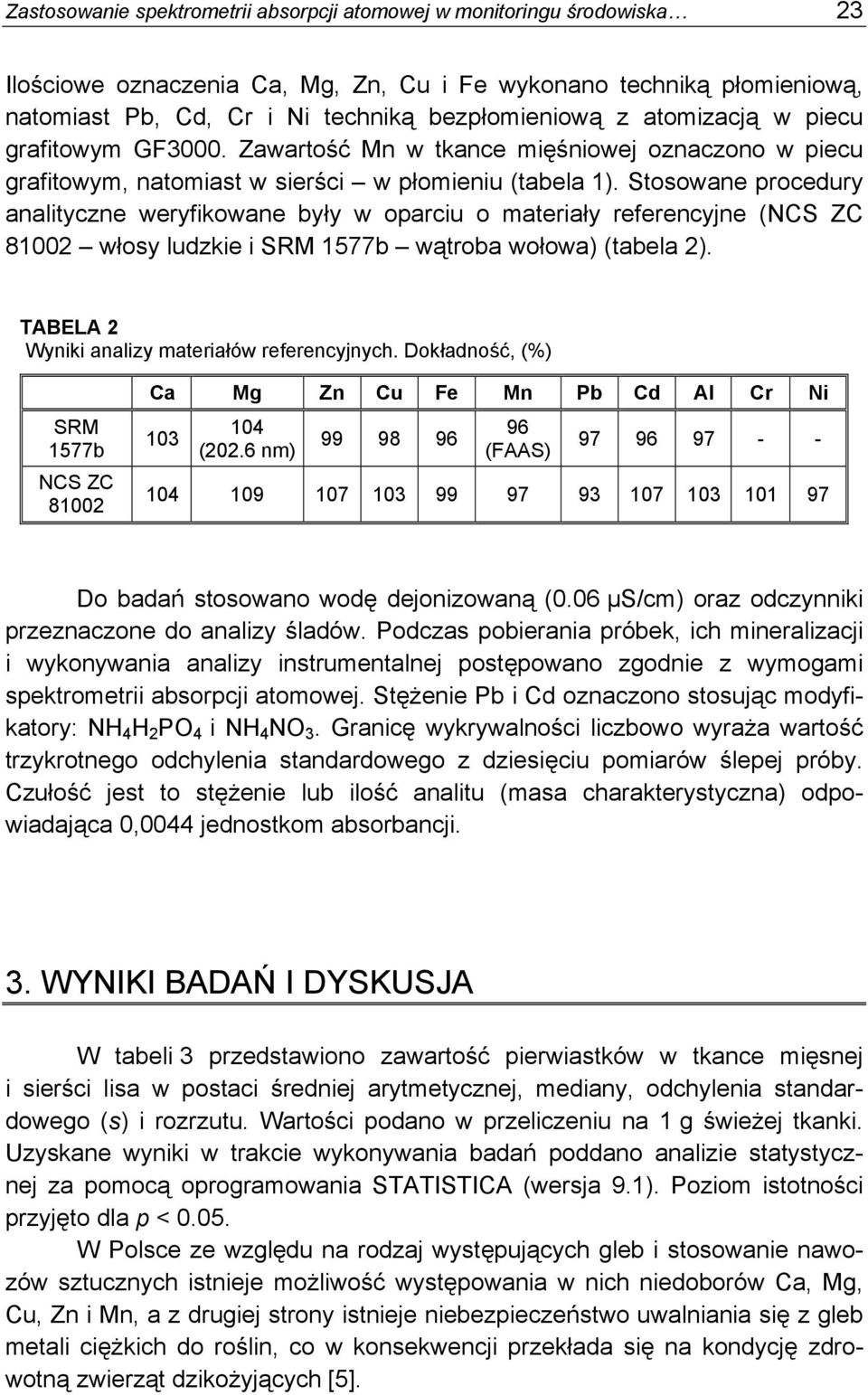 Stosowane procedury analityczne weryfikowane były w oparciu o materiały referencyjne (NCS ZC 81002 włosy ludzkie i SRM 1577b wątroba wołowa) (tabela 2).