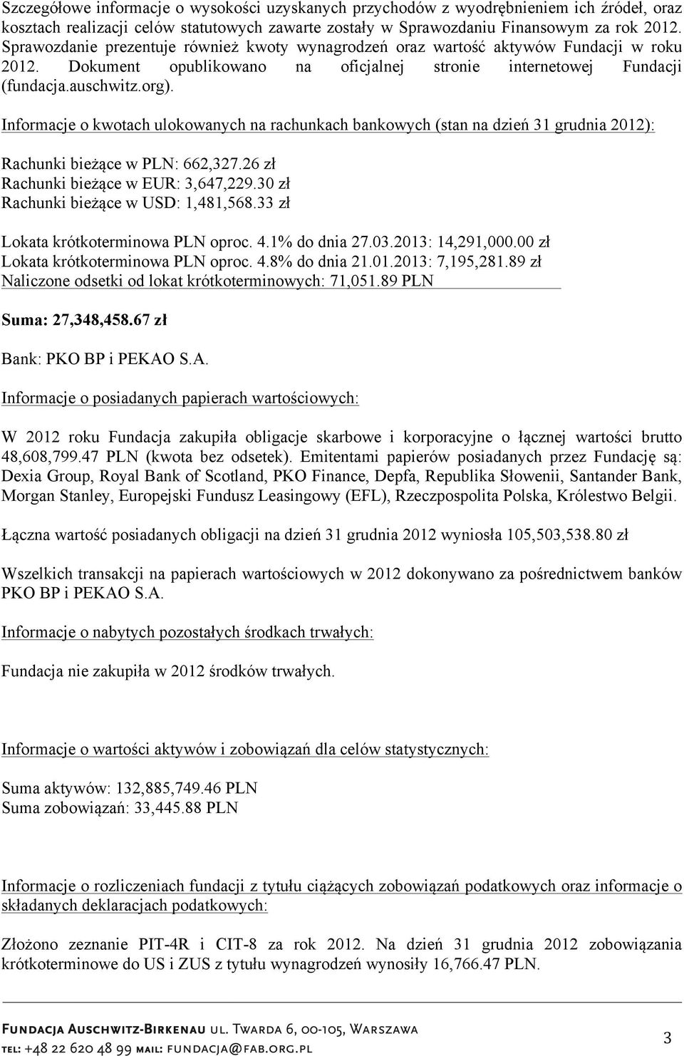 Informacje o kwotach ulokowanych na rachunkach bankowych (stan na dzień 31 grudnia 2012): Rachunki bieżące w PLN: 662,327.26 zł Rachunki bieżące w EUR: 3,647,229.