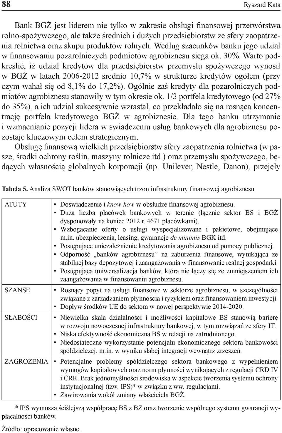 Warto podkreślić, iż udział kredytów dla przedsiębiorstw przemysłu spożywczego wynosił w BGŻ w latach 2006-2012 średnio 10,7% w strukturze kredytów ogółem (przy czym wahał się od 8,1% do 17,2%).