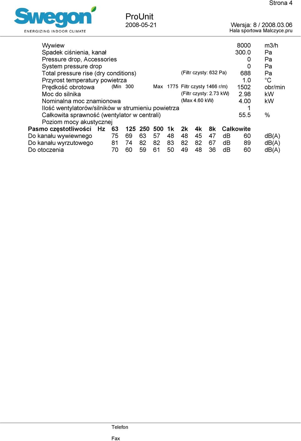 (Min 3 Max 775 Filtr czysty 466 r/m) Prędkość obrotowa 52 (Filtr czysty: 2.73 ) Moc do silnika 2.98 (Max 4.6 ) Nominalna moc znamionowa 4.