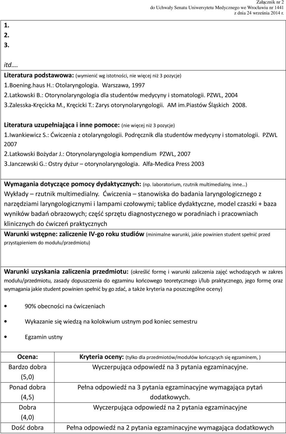 Literatura uzupełniająca i inne pomoce: (nie więcej niż 3 pozycje) 1.Iwankiewicz S.: Ćwiczenia z otolaryngologii. Podręcznik dla studentów medycyny i stomatologii. PZWL 2007 2.Latkowski Bożydar J.