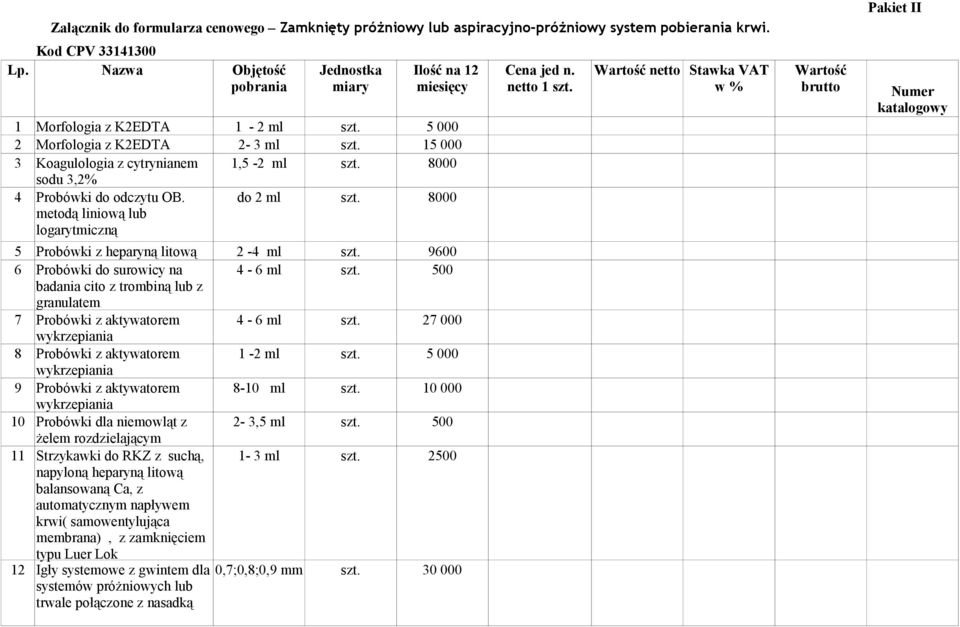 15 000 3 Koagulologia z cytrynianem 1,5-2 ml szt. 8000 sodu 3,2% 4 Probówki do odczytu OB. do 2 ml szt. 8000 metodą liniową lub logarytmiczną 5 Probówki z heparyną litową 2-4 ml szt.