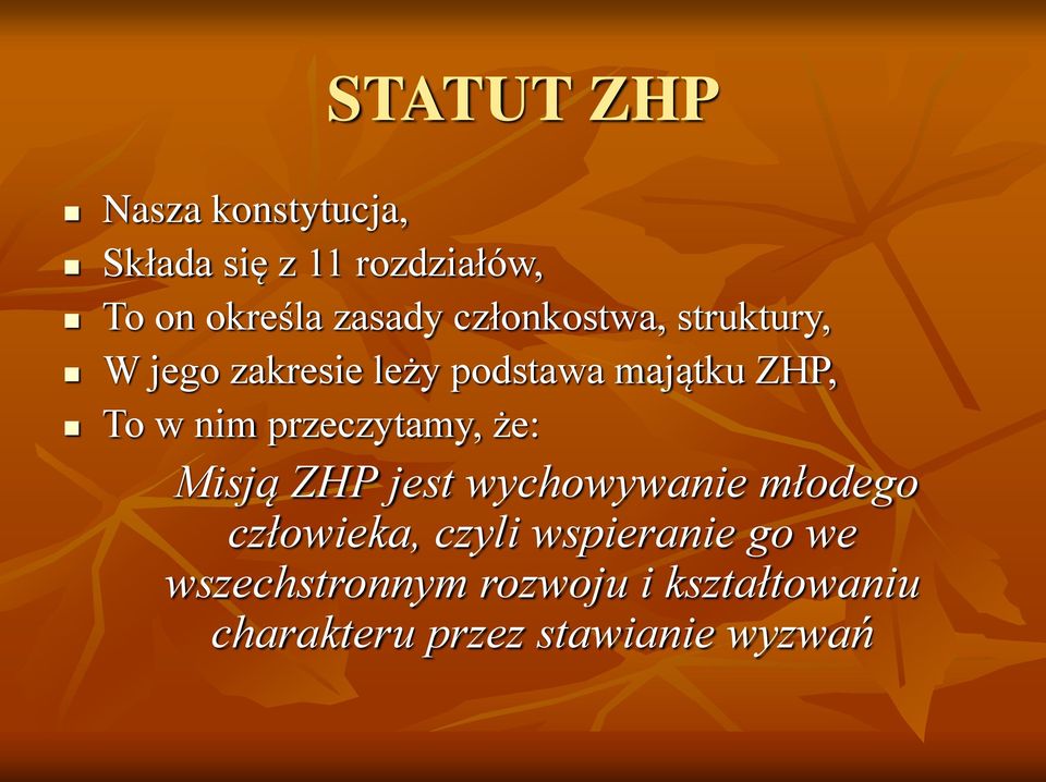 przeczytamy, że: Misją ZHP jest wychowywanie młodego człowieka, czyli