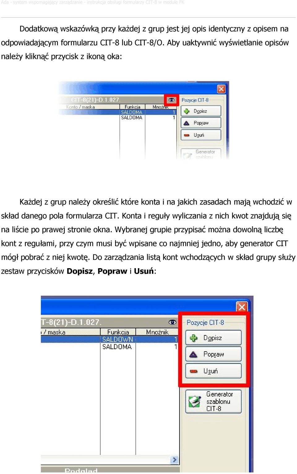 danego pola formularza CIT. Konta i reguły wyliczania z nich kwot znajdują się na liście po prawej stronie okna.