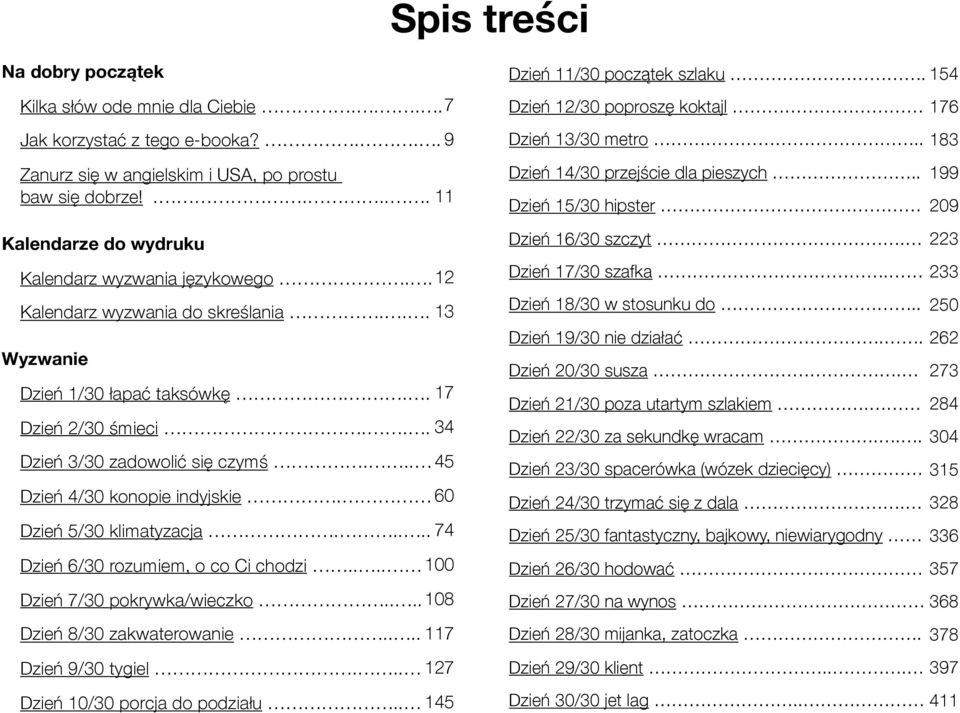 .. 45 Dzień 4/30 konopie indyjskie. 60 Dzień 5/30 klimatyzacja..... 74 Dzień 6/30 rozumiem, o co Ci chodzi.... 100 Dzień 7/30 pokrywka/wieczko.... 108 Dzień 8/30 zakwaterowanie.... 117 Dzień 9/30 tygiel.