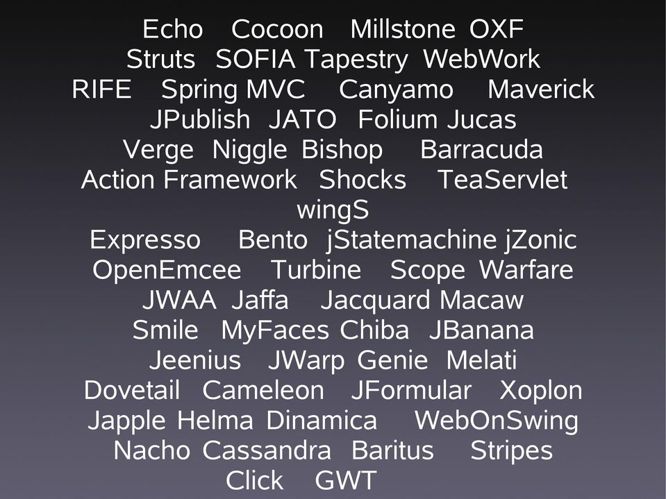 jzonic OpenEmcee Turbine Scope Warfare JWAA Jaffa Jacquard Macaw Smile MyFaces Chiba JBanana Jeenius JWarp