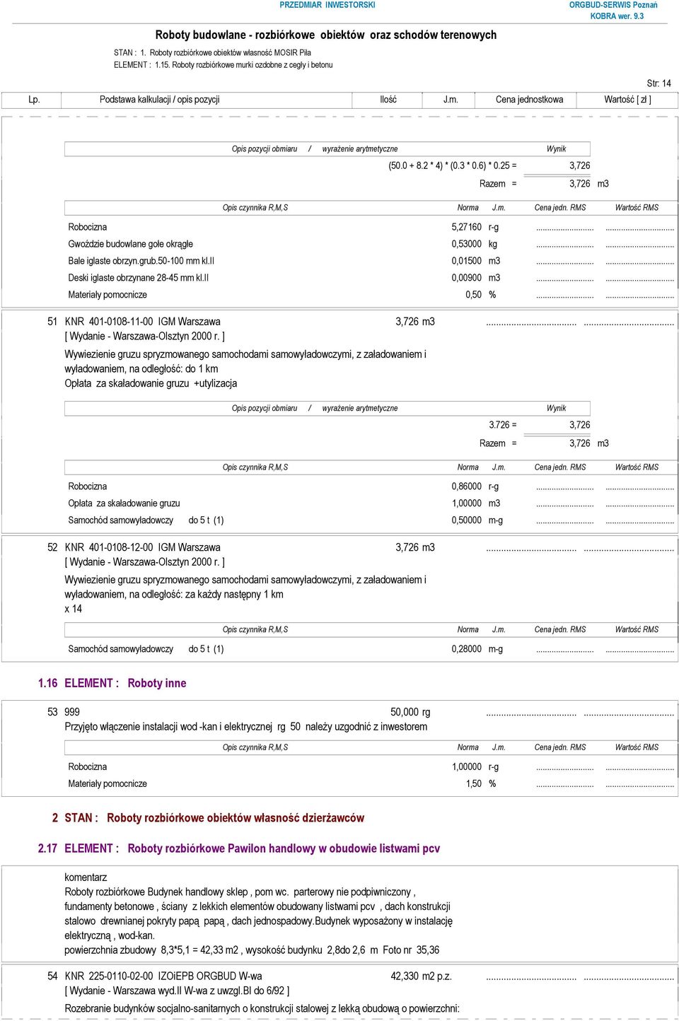 ..... 51 KNR 401-0108-11-00 IGM Warszawa 3,726 m3...... 3.726 = 3,726 Razem = 3,726 m3 52 KNR 401-0108-12-00 IGM Warszawa 3,726 m3...... 1.16 ELEMENT : Roboty inne 53 999 50,000 rg.
