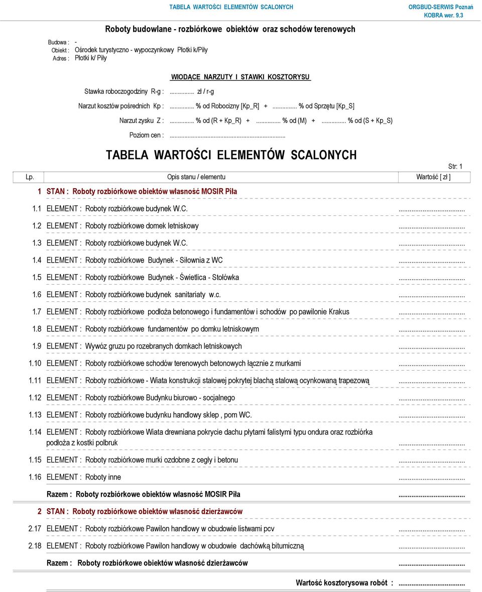 .. % od (S + Kp_S) Poziom cen :... TABELA WARTOŚCI ELEMENTÓW SCALONYCH Str: 1 Lp. Opis stanu / elementu Wartość [ zł ] 1 STAN : Roboty rozbiórkowe obiektów własność MOSIR Piła 1.