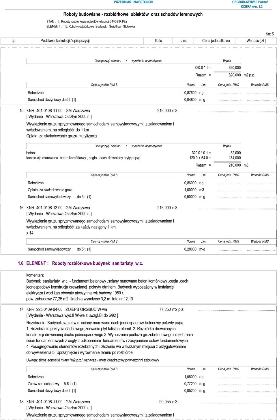 0 = 184,000 Razem = 216,000 m3 16 KNR 401-0108-12-00 IGM Warszawa 216,000 m3...... 1.6 ELEMENT : Roboty rozbiórkowe budynek sanitariaty w.c.