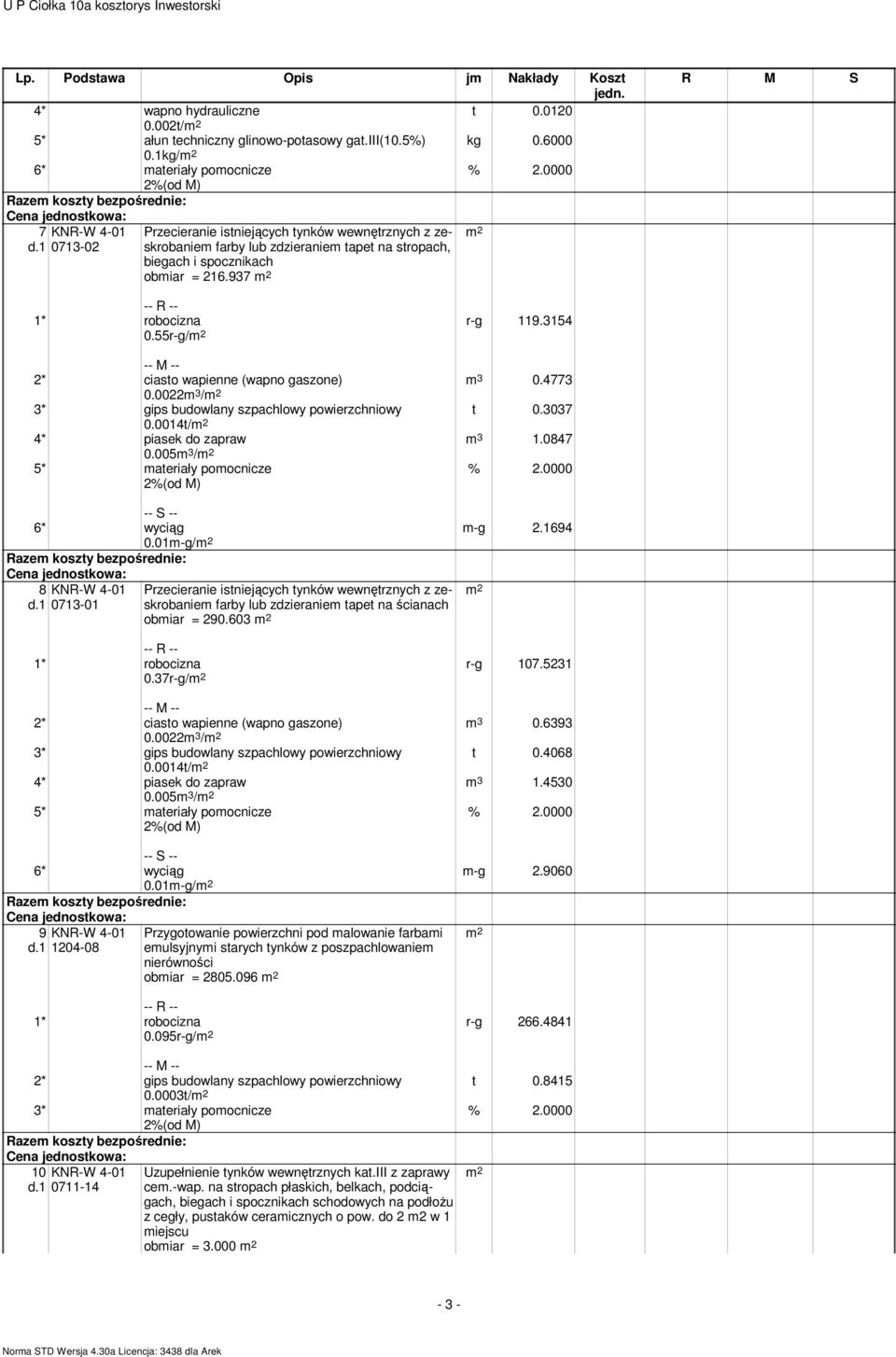 55r-g/ r-g 119.3154 m 3 0.4773 t 0.3037 m 3 1.0847 2* ciasto wapienne (wapno gaszone) 0.0022m 3 / 3* gips budowlany szpachlowy powierzchniowy 0.0014t/ 4* piasek do zapraw 0.