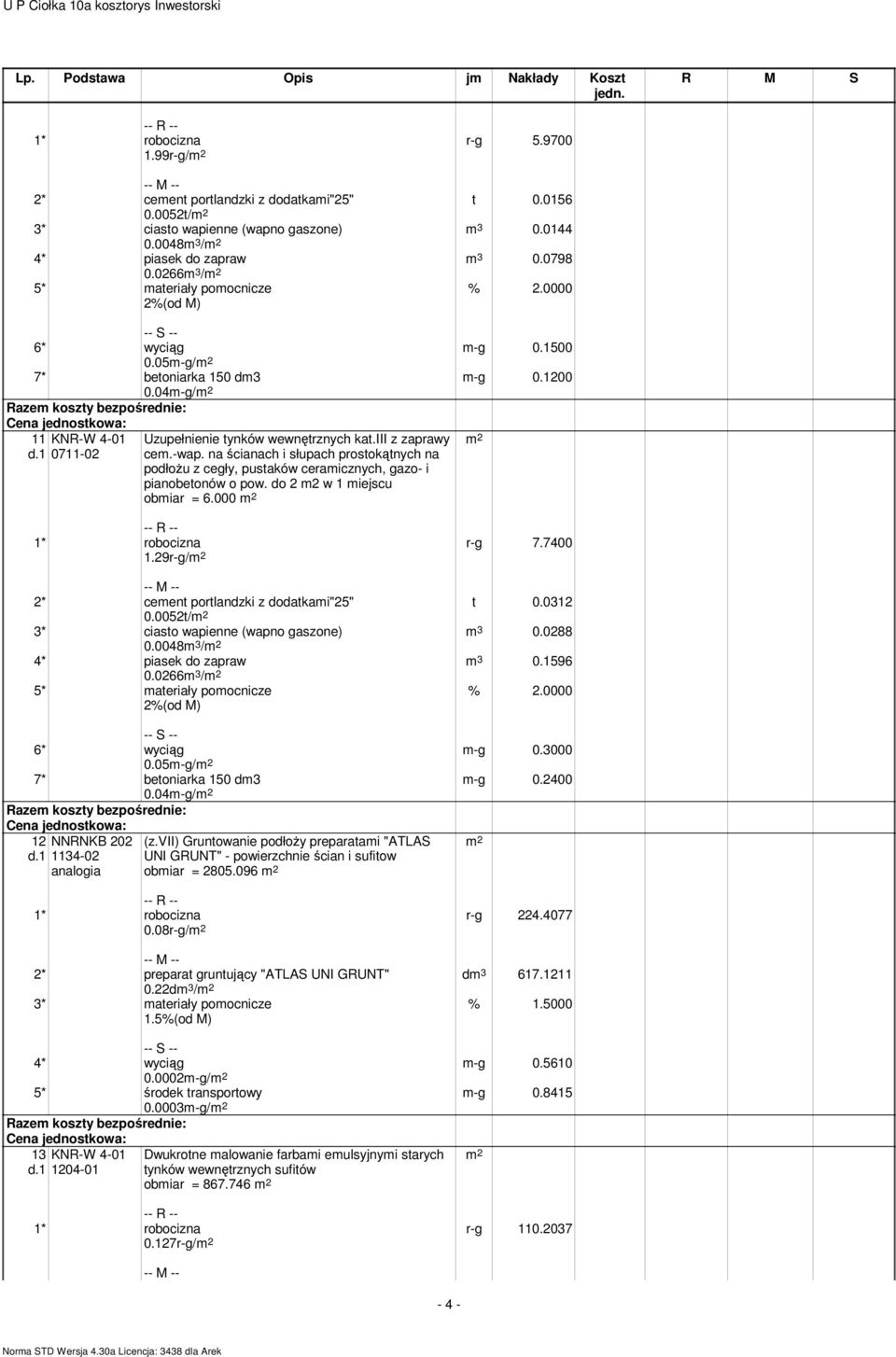 na ścianach i słupach prostokątnych na podłoŝu z cegły, pustaków ceramicznych, gazo- i pianobetonów o pow. do 2 m2 w 1 miejscu obmiar = 6.000 1.29r-g/ r-g 7.7400 t 0.0312 m 3 0.0288 m 3 0.