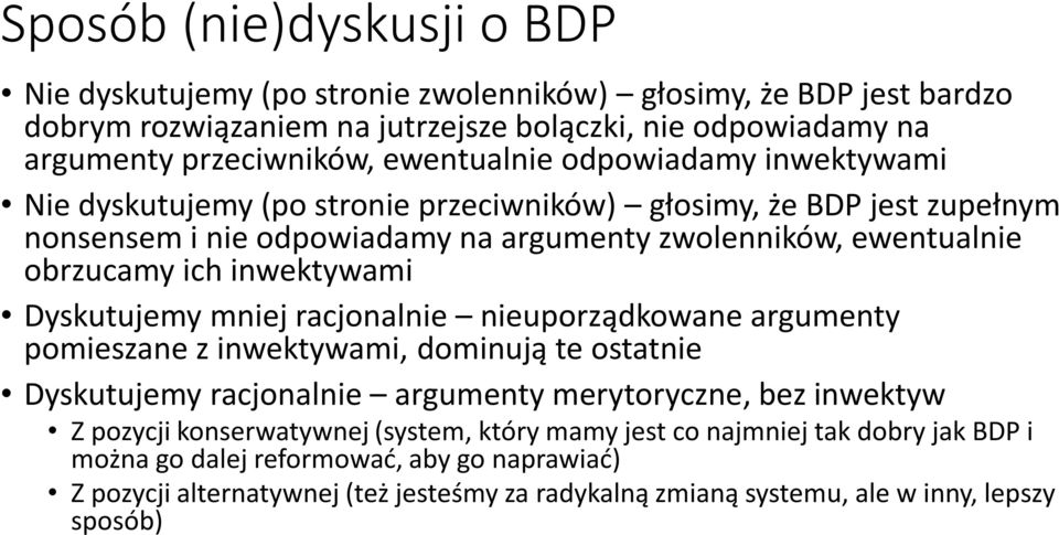 inwektywami Dyskutujemy mniej racjonalnie nieuporządkowane argumenty pomieszane z inwektywami, dominują te ostatnie Dyskutujemy racjonalnie argumenty merytoryczne, bez inwektyw Z pozycji