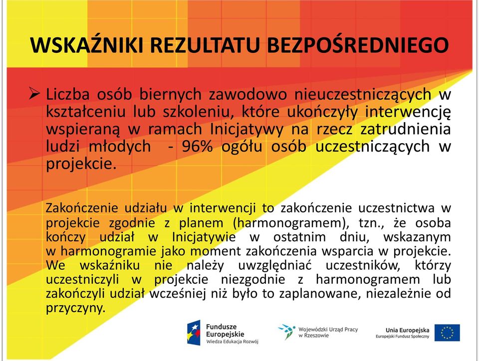 Zakooczenie udziału w interwencji to zakooczenie uczestnictwa w projekcie zgodnie z planem (harmonogramem), tzn.