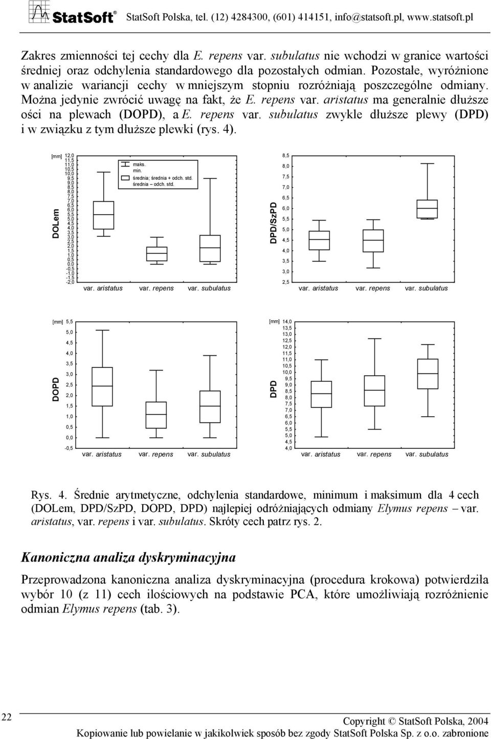 aristatus ma generalnie dłuższe ości na plewach (DOPD), a E. repens var. subulatus zwykle dłuższe plewy (DPD) i w związku z tym dłuższe plewki (rys. 4).