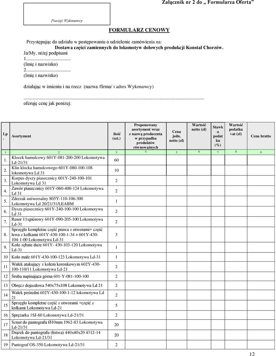.. oferuję cenę jak poniżej: Lp. Asortyment ilość (szt.) Proponowany asortyment wraz z nazwą producenta w przypadku produktów równoważnych Cena jedn.