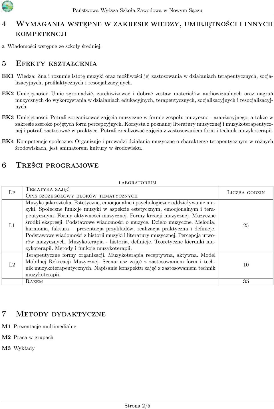 EK2 Umiejętności: Umie zgromadzić, zarchiwizować i dobrać zestaw materiałów audiowizualnych oraz nagrań muzycznych do wykorzystania w działaniach edukacyjnych, terapeutycznych, socjalizacyjnych i