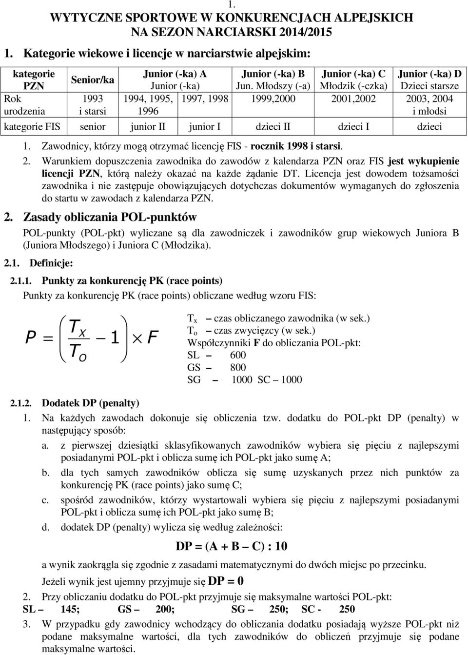 Młodszy (-a) Młodzik (-czka) Dzieci starsze Rok urodzenia 1993 i starsi 1994, 1995, 1996 1997, 1998 1999,2000 2001,2002 2003, 2004 i młodsi kategorie FIS senior junior II junior I dzieci II dzieci I